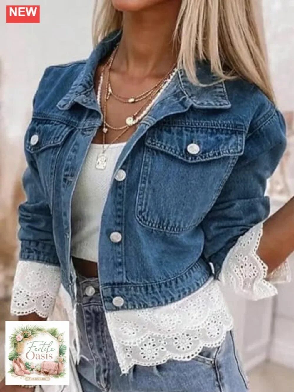 Trendy Color Block Lace Denim Jacket Oversized Button Down Shacket
